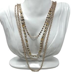 Multi Strand Chain Necklace Rose Gold Tone Multi Color Beads‎